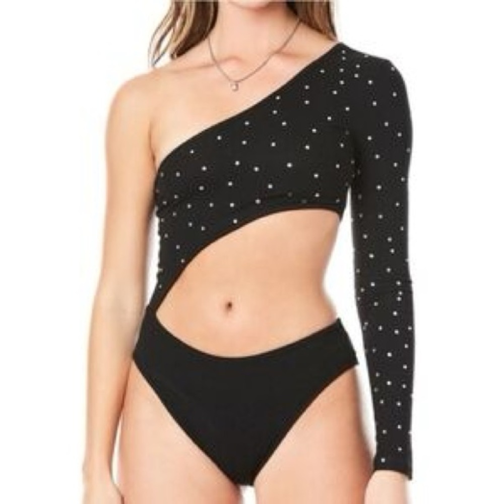 LF - One Shoulder Rhinestone Cut-Out Bodysuit - XS